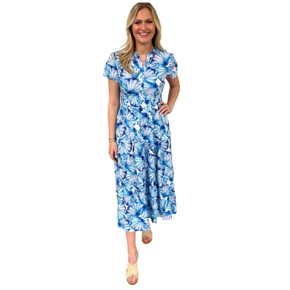 Liza Byrd Sydney Cinched Waist Blue White Shell Print Dress NWT